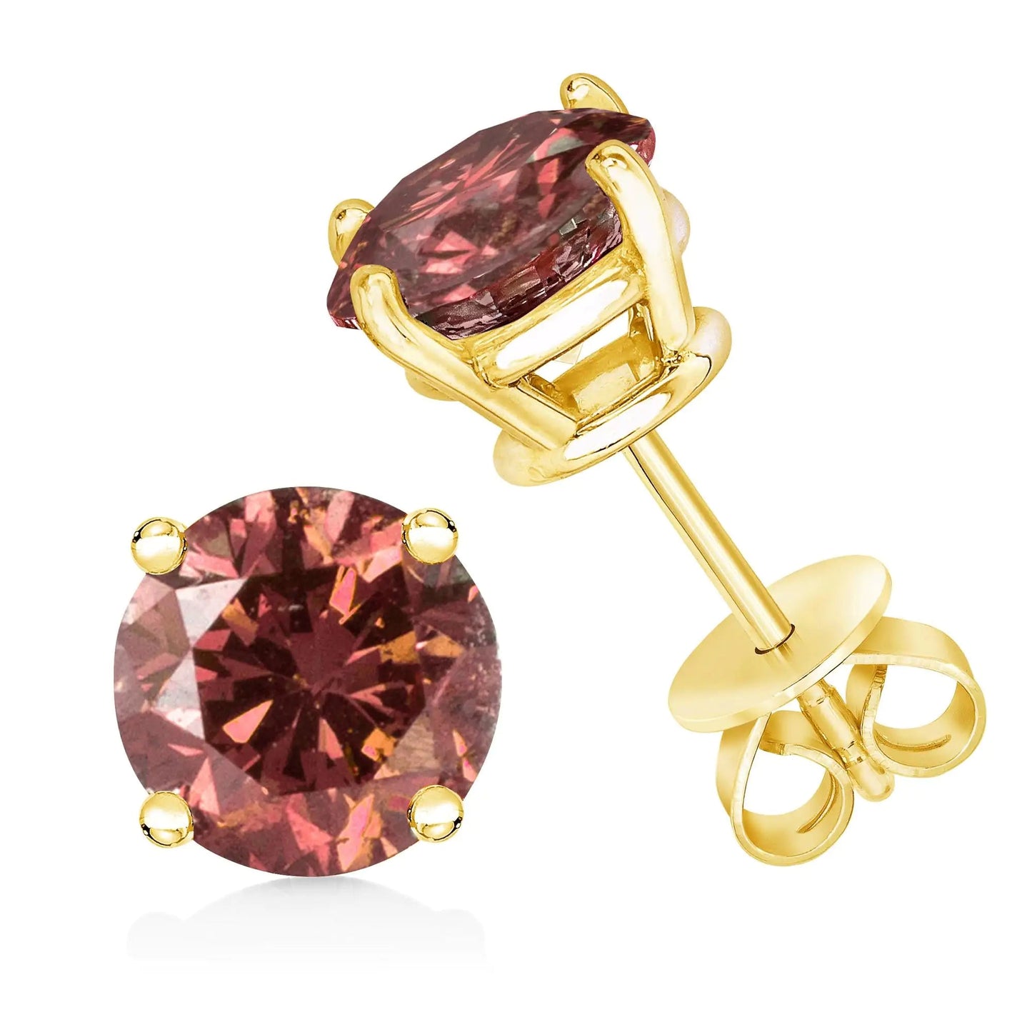 14K Gold 4-Prong Set Round Brilliant-Cut Pink Diamond Solitaire Stud Earrings (Treated Pink Color, VS2-SI1 Clarity) WEM Support (www.WEM.support)