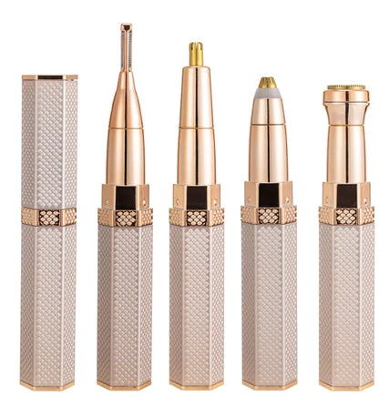 A collection of five portable women's epilators in rose gold color, each designed for different hair removal tasks including full body, facial, eyebrow, and nose hair.