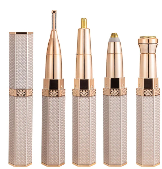 A collection of five portable women's epilators in rose gold color, each designed for different hair removal tasks including full body, facial, eyebrow, and nose hair.