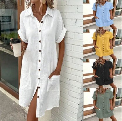 Summer Short Sleeve Shirt Dress Fashion Solid Color Single-breasted Mid-length Loose Dress WEM Support (www.WEM.support)