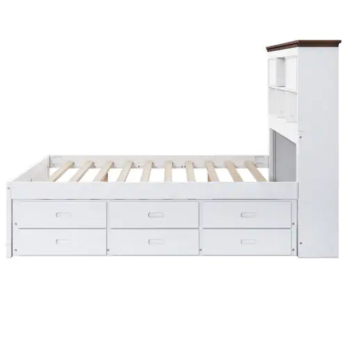 Solid Pine Captain Bookcase Bed With Trundle Bed And 3 Spacious Under Bed Drawers In Casual,Twin, White Walnut WEM Support (www.WEM.support)