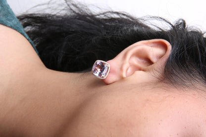 18K Rose and White Gold 9/10 Cttw Round Diamond and 15mm Cushion Cut Rose De France Pink Amethyst Gemstone Clip On Stud Earring (G-H Color, SI1-SI2 Clarity) WEM Support (www.WEM.support)