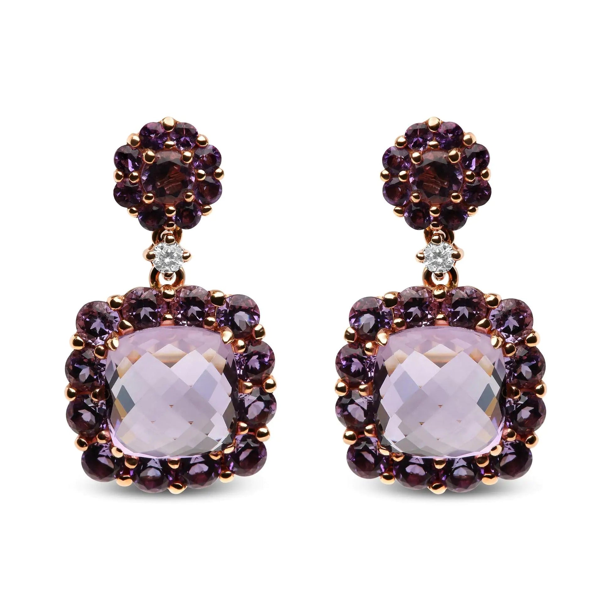 18K Rose Gold Diamond Accent and Pink and Purple Amethyst Gemstone Halo Dangle Drop Earrings (G-H Color, SI1-SI2 Clarity) WEM Support (www.WEM.support)
