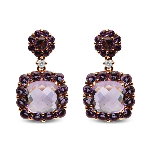 18K Rose Gold Diamond Accent and Pink and Purple Amethyst Gemstone Halo Dangle Drop Earrings (G-H Color, SI1-SI2 Clarity) WEM Support (www.WEM.support)