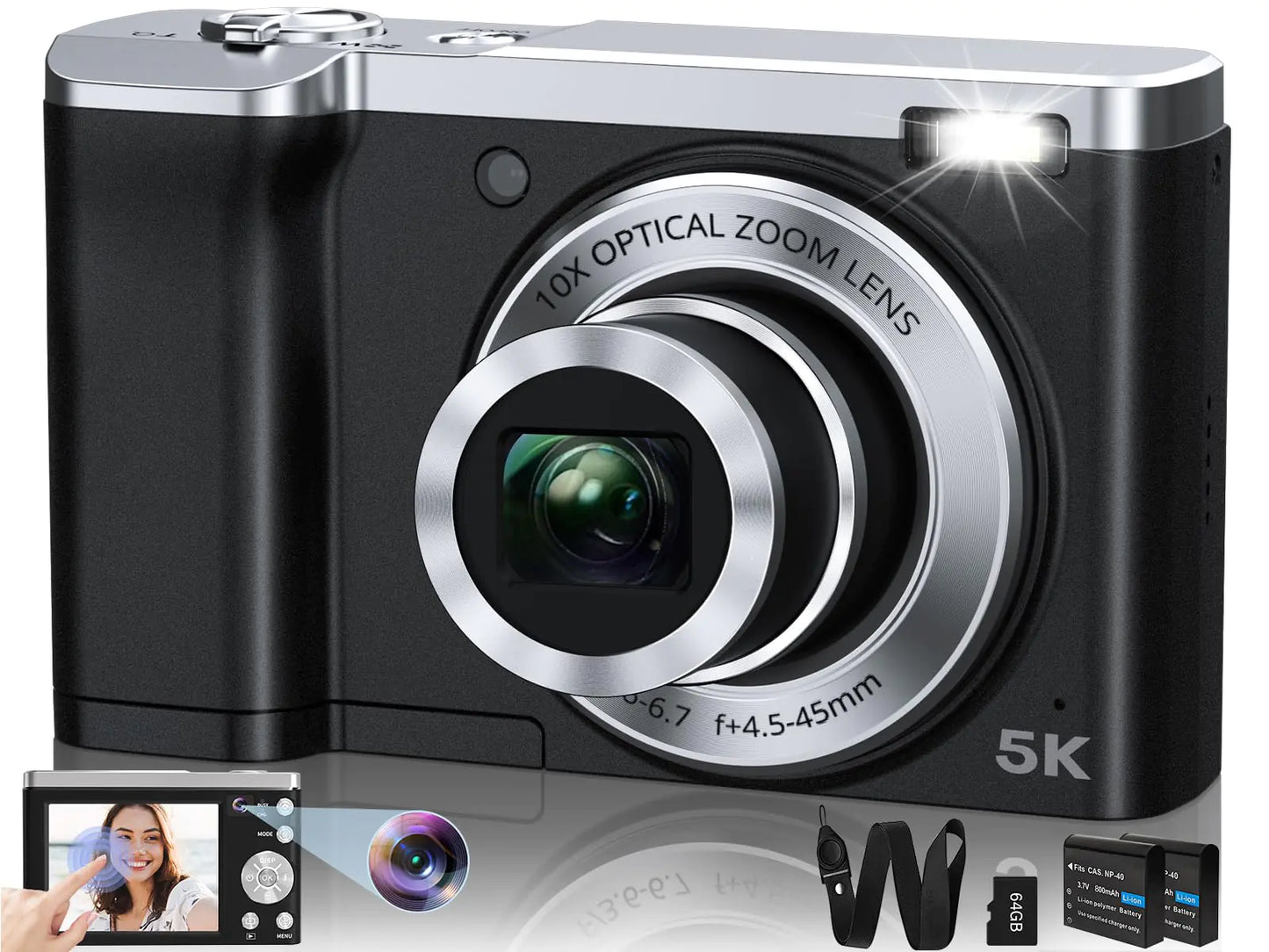 A black 5K digital camera with a lens, flash, and viewfinder, alongside accessories including batteries, a carrying strap, and a memory card.