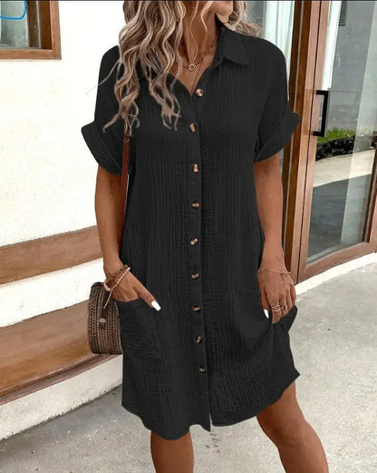 Summer Short Sleeve Shirt Dress Fashion Solid Color Single-breasted Mid-length Loose Dress WEM Support (www.WEM.support)