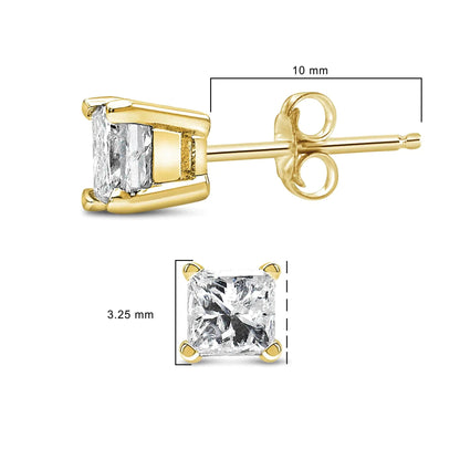 Boucles d'oreilles clous solitaire en diamant taille princesse monture 4 griffes en or jaune 14k certifiées IGI (Couleur L-M, Clarté I1-I2) WEM Support (www.WEM.support)