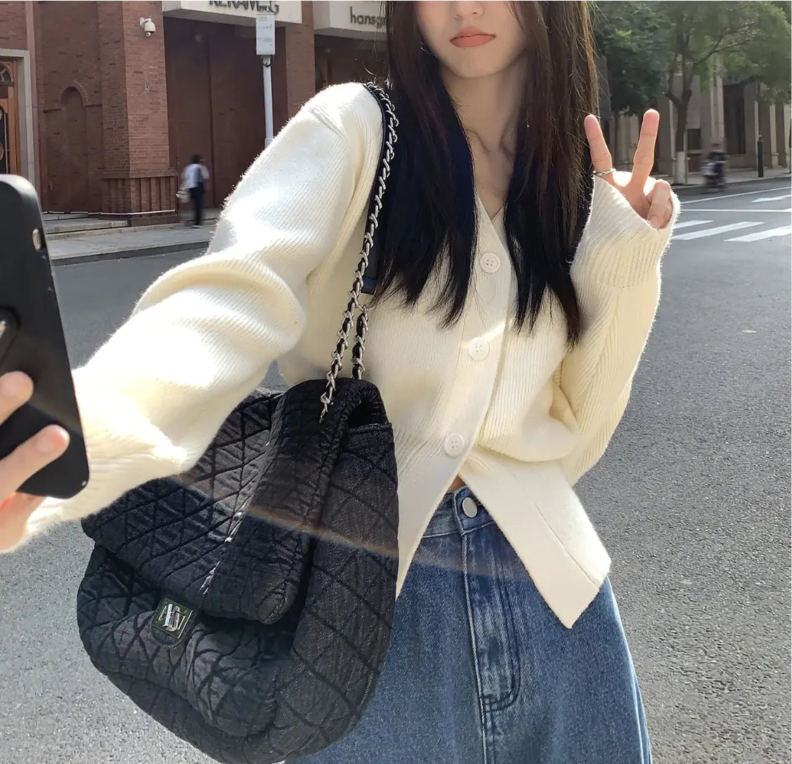 Black Sweater Cardigan Women's Outer Wear Waist-controlled Top Coat WEM Support (www.WEM.support)