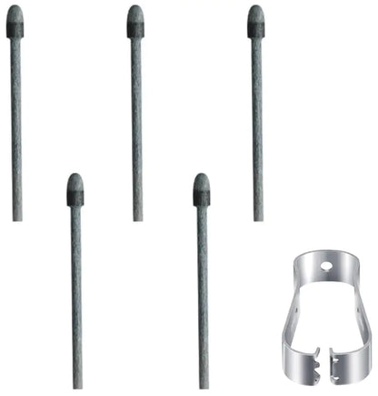 A set of five gray pen tips, replacement nibs for a stylus, displayed alongside a metal installation tool.