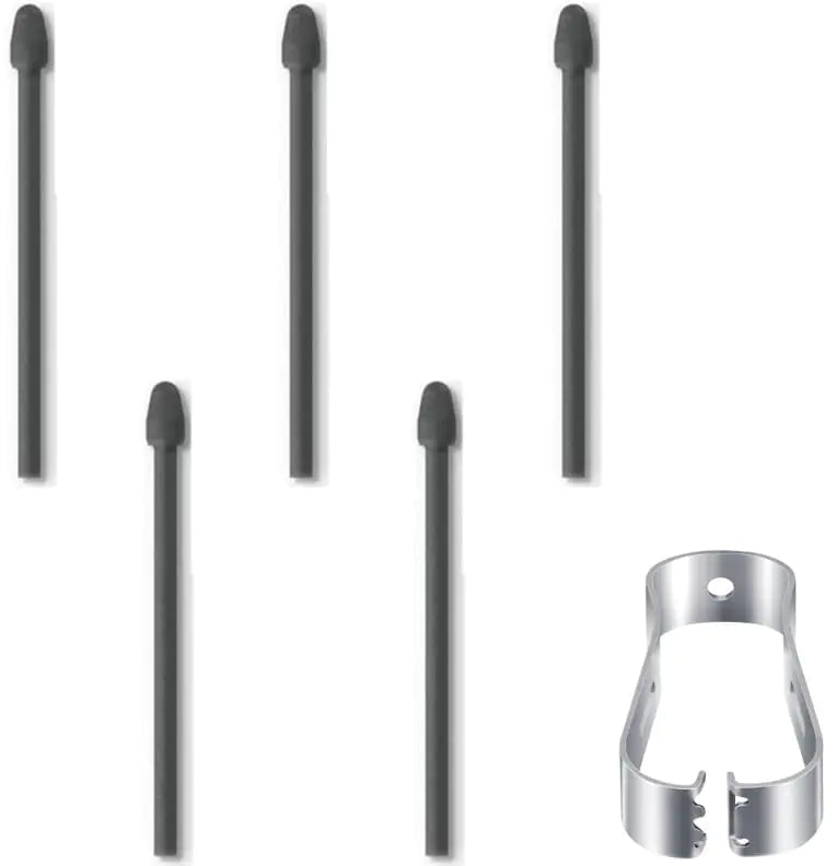 A set of five gray pen tips, replacement nibs for a stylus, displayed alongside a metal installation tool.