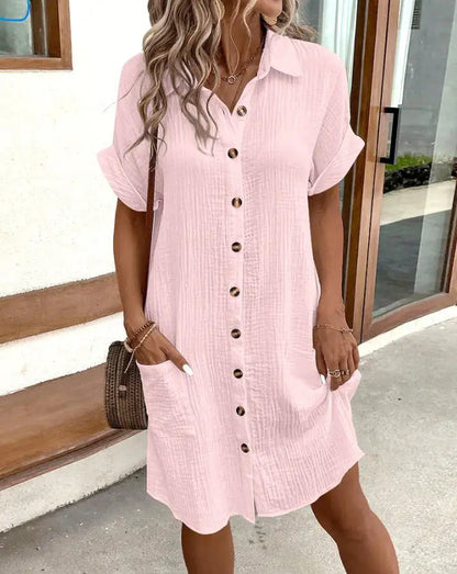 Summer Short Sleeve Shirt Dress Fashion Solid Color Single-breasted Mid-length Loose Dress WEM Support (www.WEM.support)