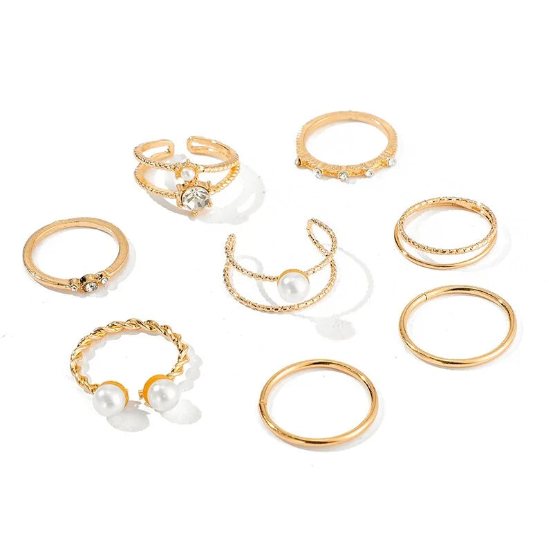 Gold Geometric Ring Set with Pearls and Crystals WEM Support (www.WEM.support)