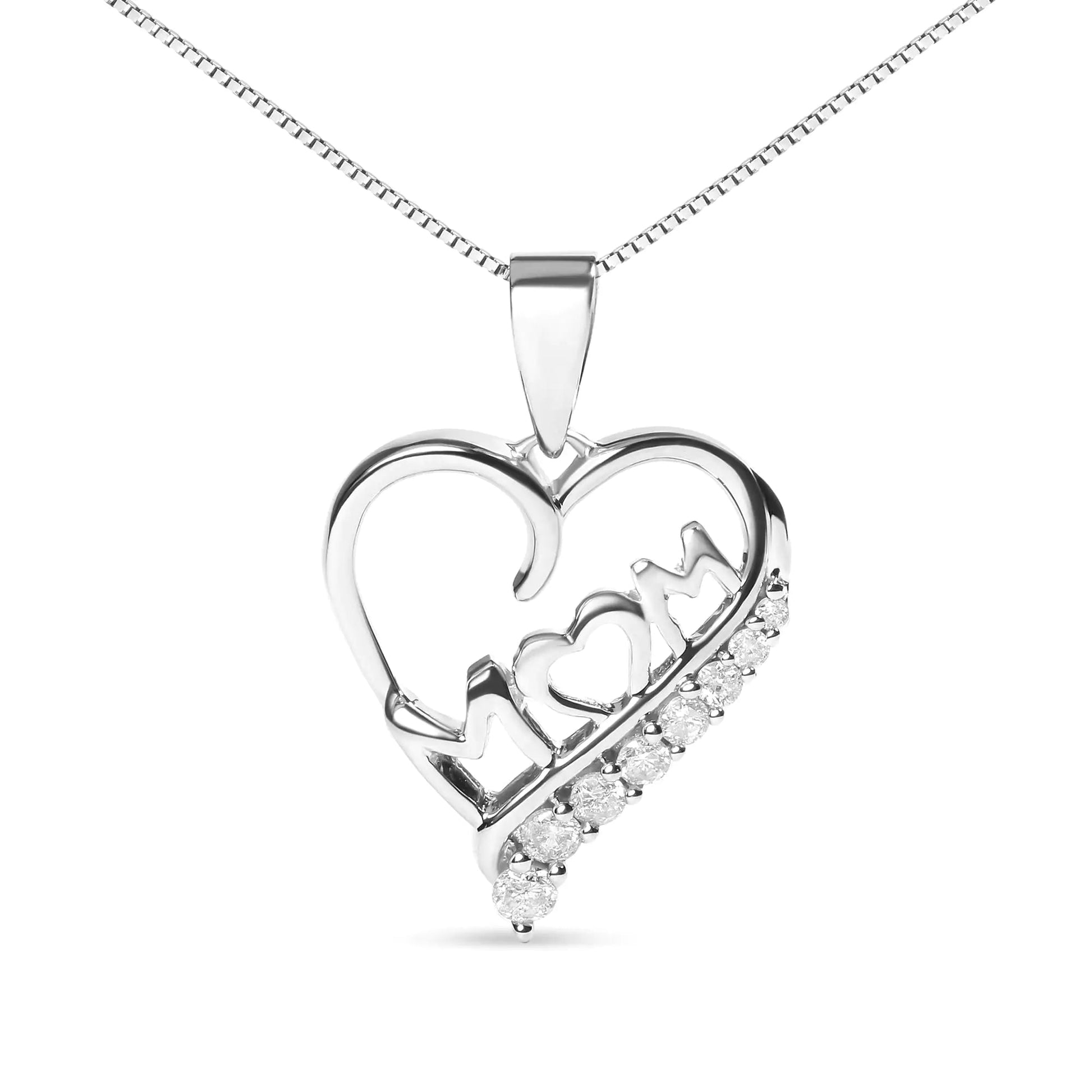 .925 Sterling Silver 1/4 Cttw Diamond  "Mom" and Open Heart 18" Pendant Necklace (I-J Color, I2-I3 Clarity) WEM Support (www.WEM.support)