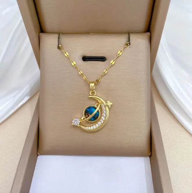 Dream Planet Necklace Stainless Steel Blue Butterfly WEM Support (www.WEM.support)