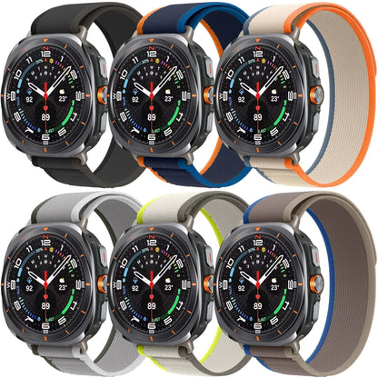 A collection of six smart watches with black bands and digital displays, arranged in two rows with the bands in different colors: black, blue, orange, gray, and beige.