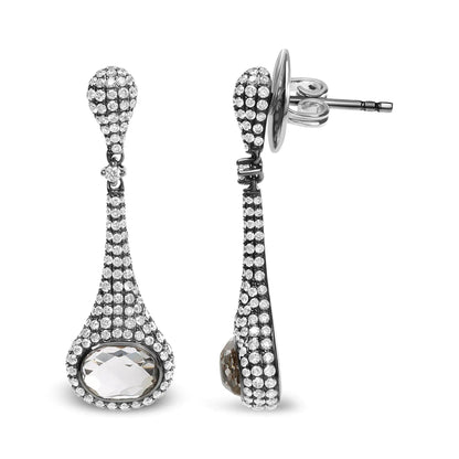 Black Rhodium Plated 18K White Gold 1 3/8 Cttw Round Pave Diamonds and 8x6mm Oval White Quartz Gemstone Sculptural Drop and Dangle Earrings (G-H Color, SI1-SI2 Clarity) WEM Support (www.WEM.support)