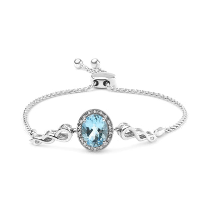 Bracelet Bolo Réglable en Argent Sterling .925 avec Topaze Bleue Ovale de 10x8mm et Diamants Accent, Lariat de 4” à 10” (Couleur H-I, Clarté SI1-SI2) WEM Support (www.WEM.support)