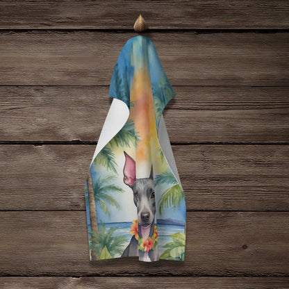 American Hairless Terrier Luau Kitchen Towel WEM Support (www.WEM.support)