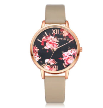 Fashion Floral Dial Watch for Women, PU Strap