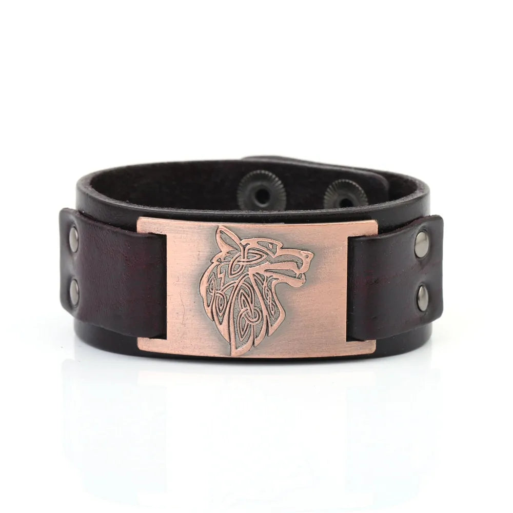 Vintage Wide Leather Woven Wolf Head Bracelet WEM Support (www.WEM.support)