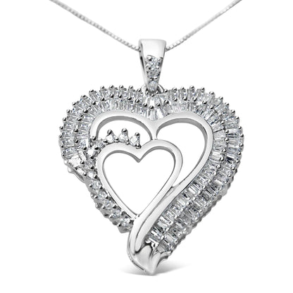 .925 Sterling Silver 3/4 Cttw Round and Baguette Diamond Double Heart Pendant 18" Necklace (I - J Color, I3 Clarity) - Catch Cards