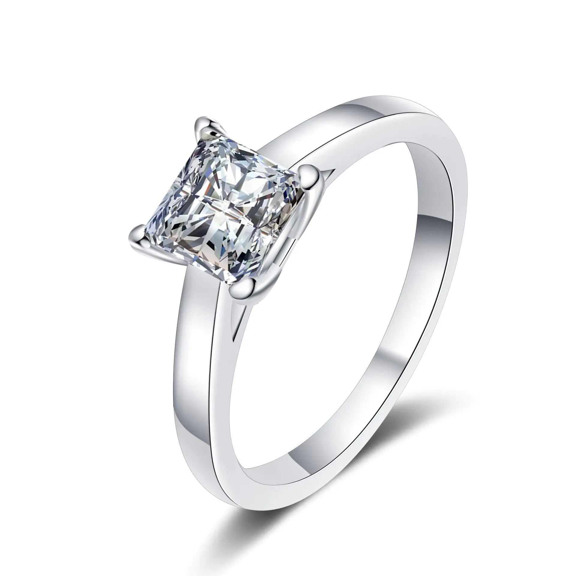 A 925 sterling silver ring with a square-shaped moissanite centerpiece stone, displayed against a white background.