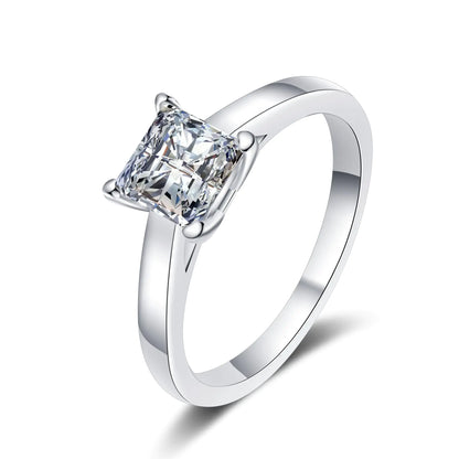 A 925 sterling silver ring with a square-shaped moissanite centerpiece stone, displayed against a white background.