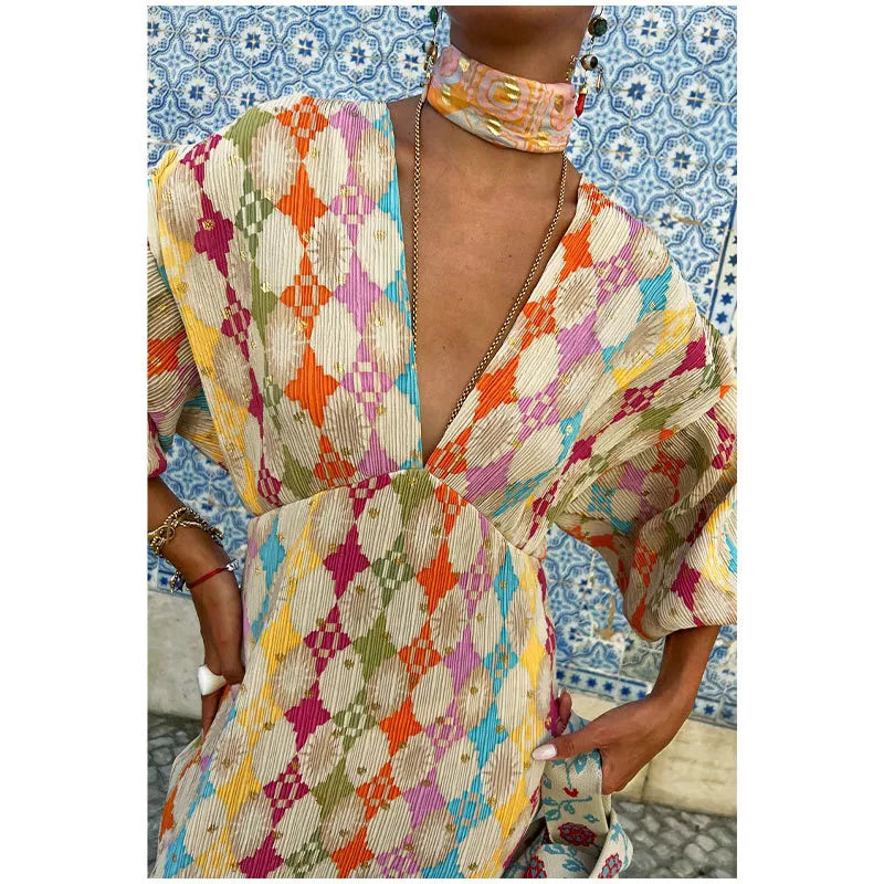 Retro Loose Painted Lantern Sleeve V-neck Printed Dress WEM Support (www.WEM.support)