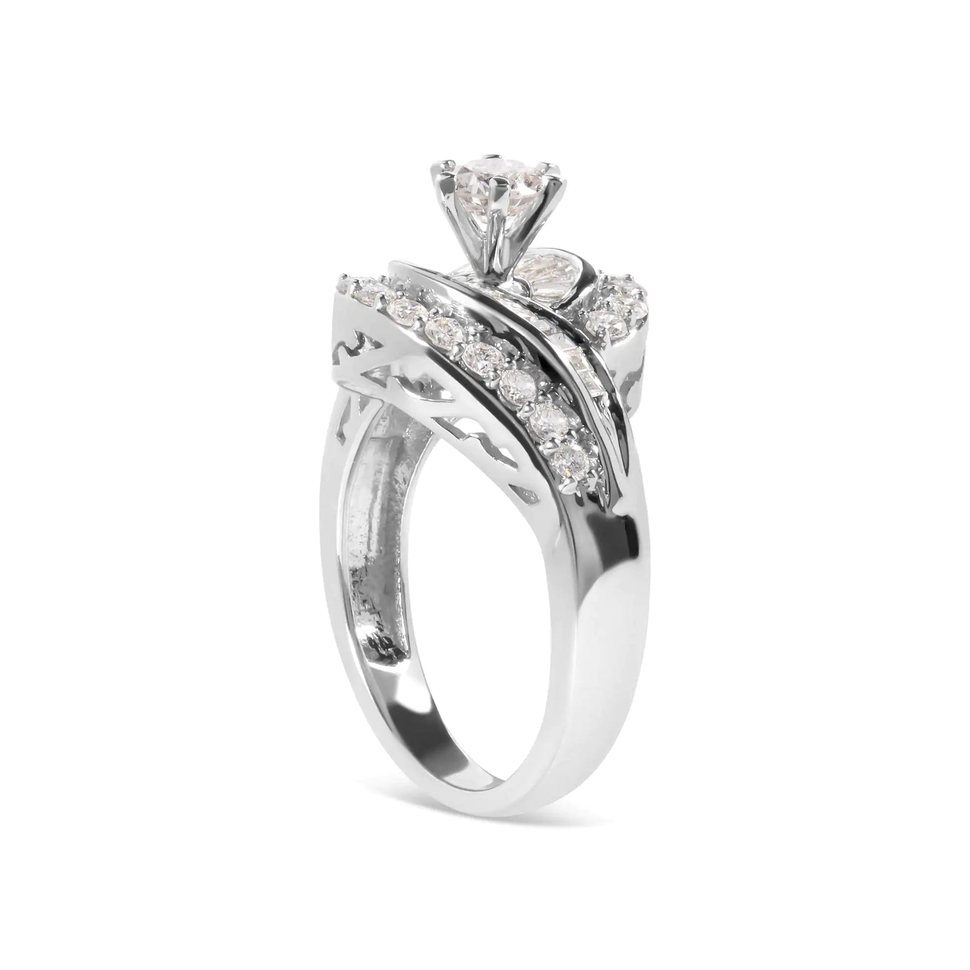 14K White Gold 1.00 Cttw Round and Baguette cut Diamond Swirl Cocktail Ring (H-I Color, SI2-I1 Clarity) WEM Support (www.WEM.support)