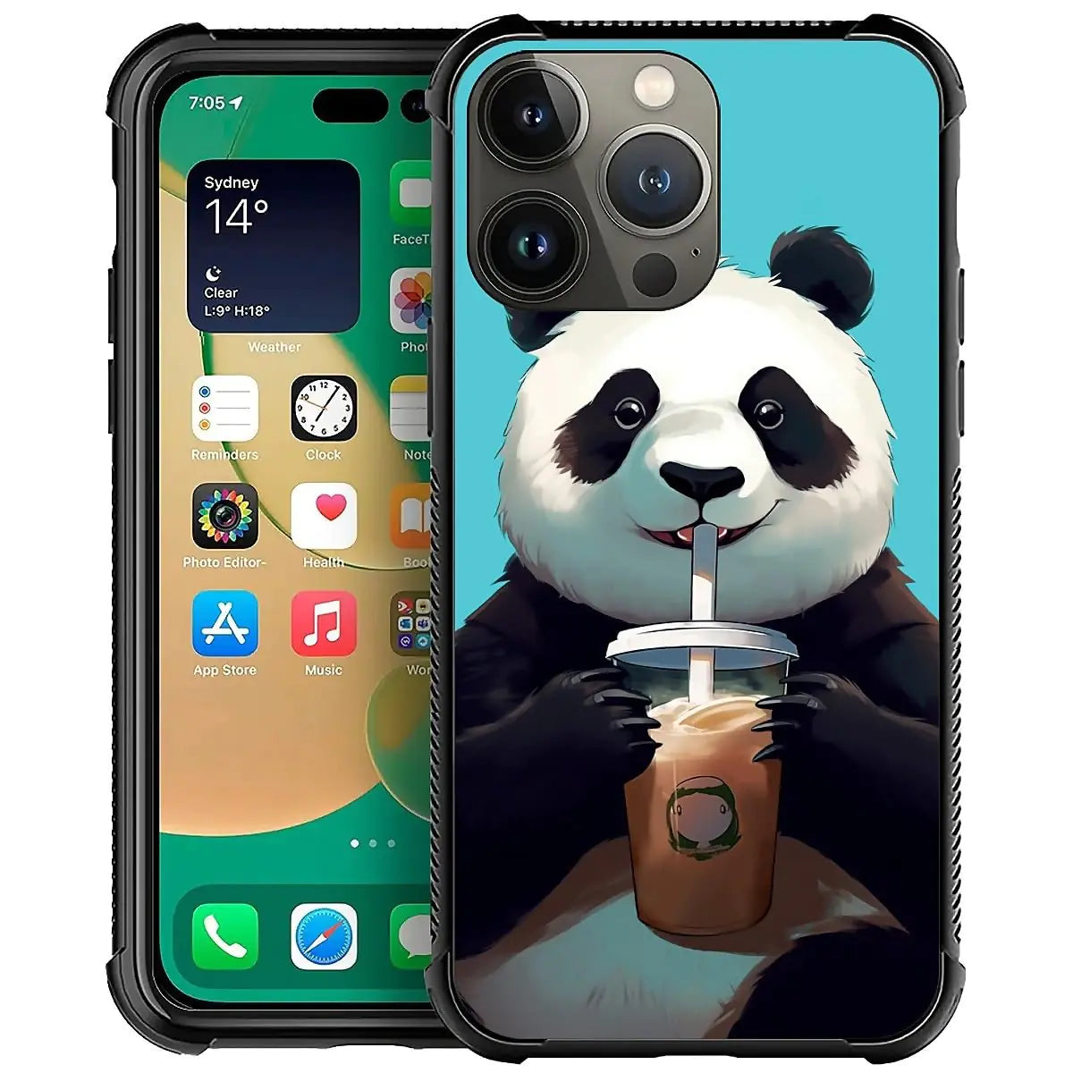 for iPhone 13 Case, Cute Cartoon Panda Drink Coffee Pattern Graphic Design for Girl Boy Soft Silicone Hard Acrylic Shock Protection Designed for iPhone 13