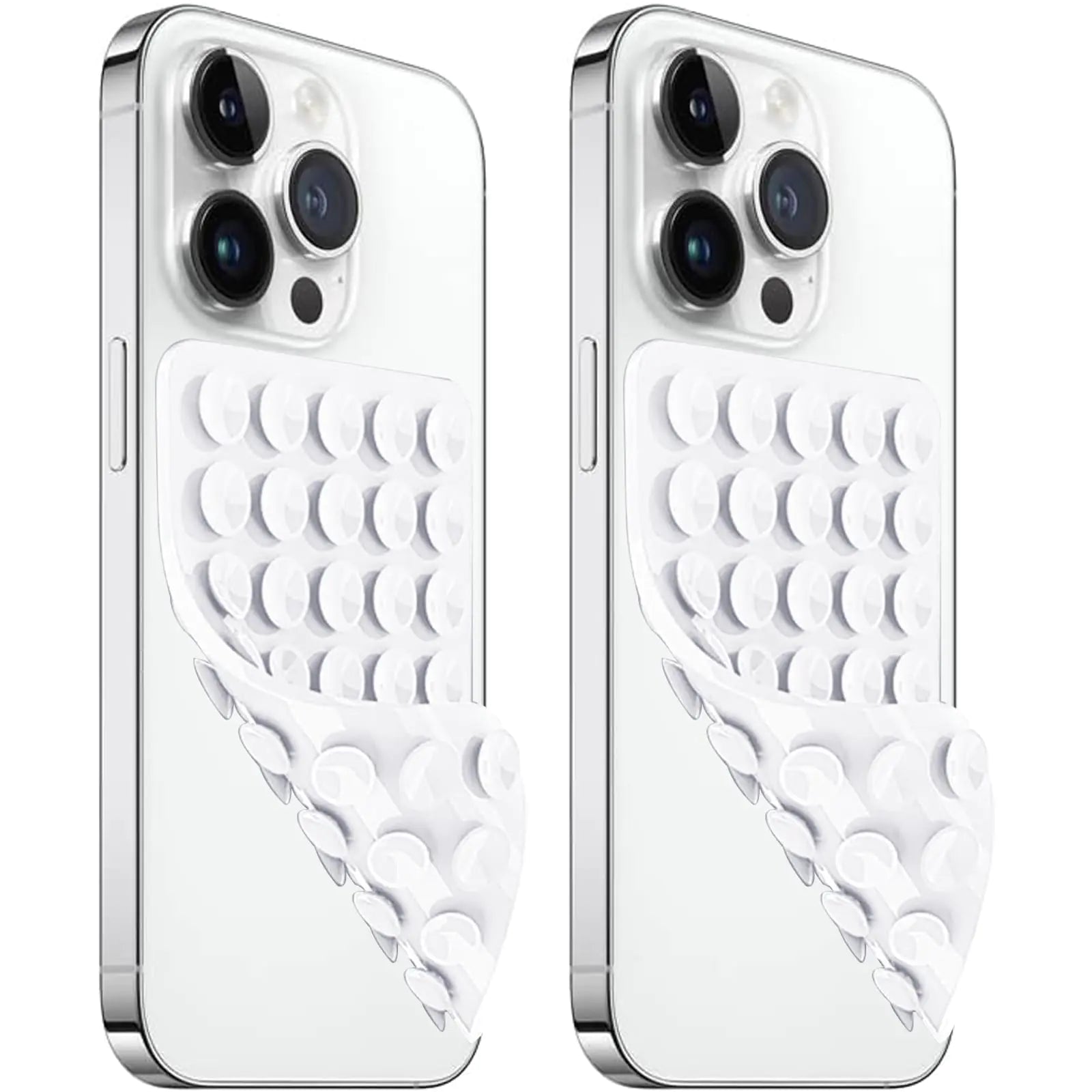 Two white silicone suction cup phone mounts attached to the back of a smartphone, providing a grip for hands-free use.