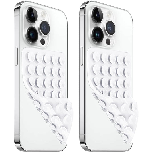 Two white silicone suction cup phone mounts attached to the back of a smartphone, providing a grip for hands-free use.