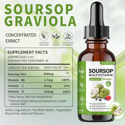 A bottle of Soursop Graviola concentrated extract with supplement facts and organic certification logos.