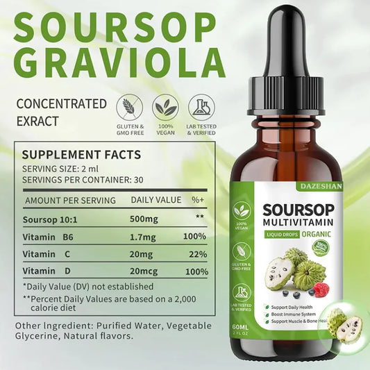 A bottle of Soursop Graviola concentrated extract with supplement facts and organic certification logos.