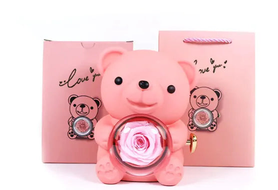 Eternal Rose Teddy Bear Jewelry Box & Necklace WEM Support (www.WEM.support)