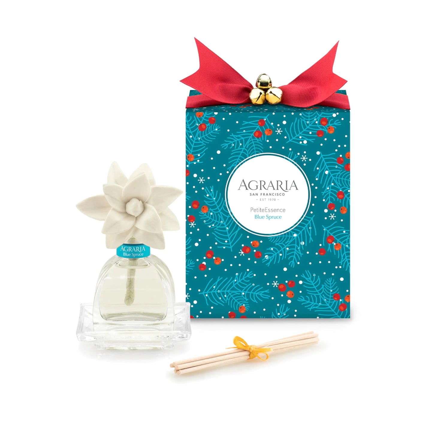 Agraria PetiteEssence room fragrance diffuser set with a handcrafted sola flower and reed sticks in a blue box decorated with red leaves and a red ribbon.