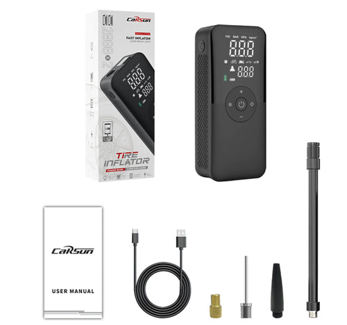 An image showcasing a black air compressor with digital gauge, along with its box, power cable, and inflation nozzle attachments.