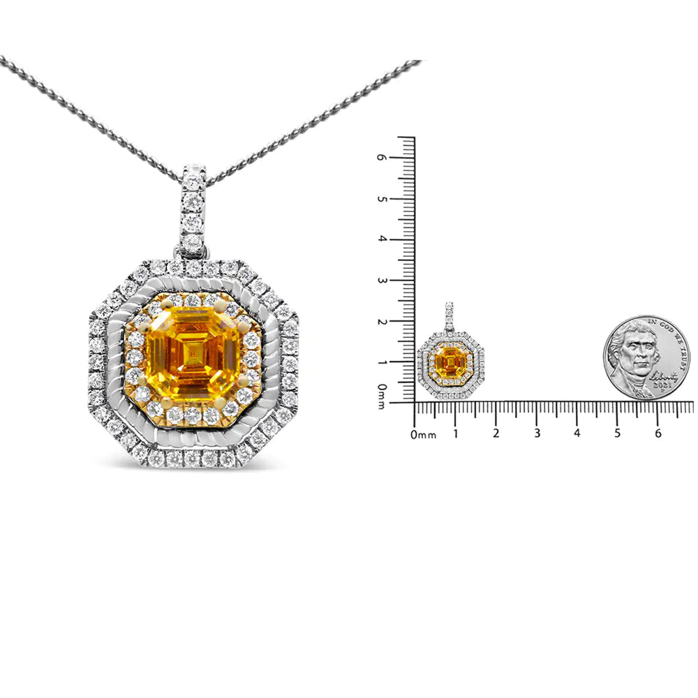 18K White and Yellow Gold 2 1/4 Cttw Lab Grown Yellow Asscher Cut Diamond Art Deco Style Halo 18" Pendant Necklace (Yellow/G-H Color, VS1-VS2 Clarity) WEM Support (www.WEM.support)