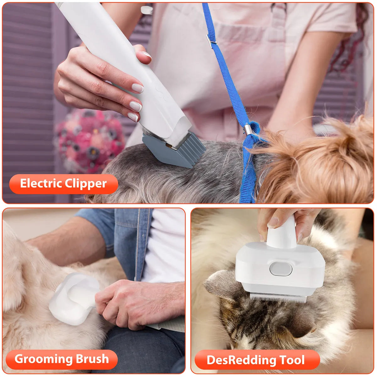 Collage of images showing a multifunction pet hair vacuum device in use. Top left: Electric clipper attachment for the vacuum.