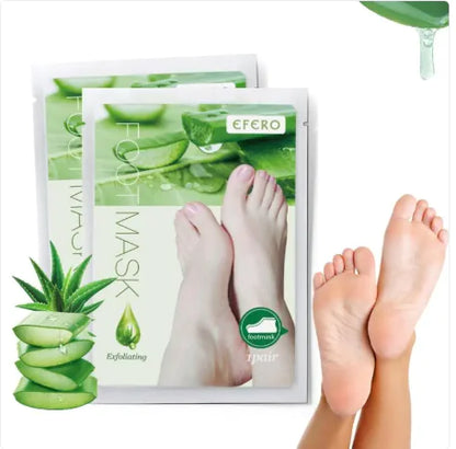 Packaging of AloeGlow Foot Mask with an image of aloe vera and feet wearing the mask, alongside a depiction of the product in use.