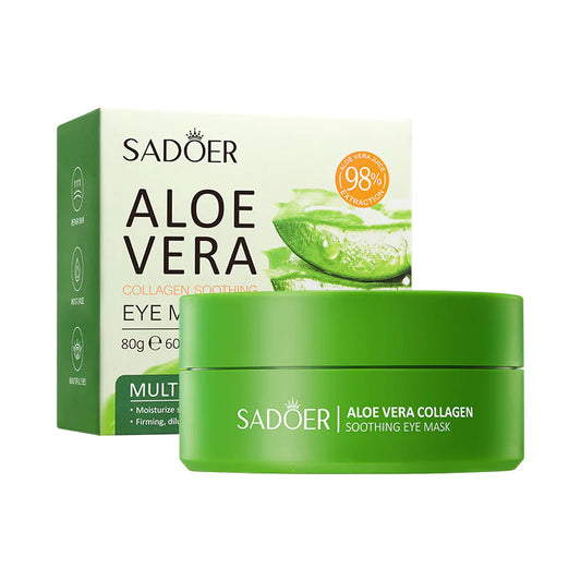 Packaging and container of Aloe Vera Collagen Eye Mask by SADOER, with a green color theme and an image of aloe vera leaves.