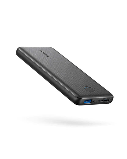 A black Anker power bank with PowerCore 10K indicated on the front. It has at least one USB-C input and two USB output ports.