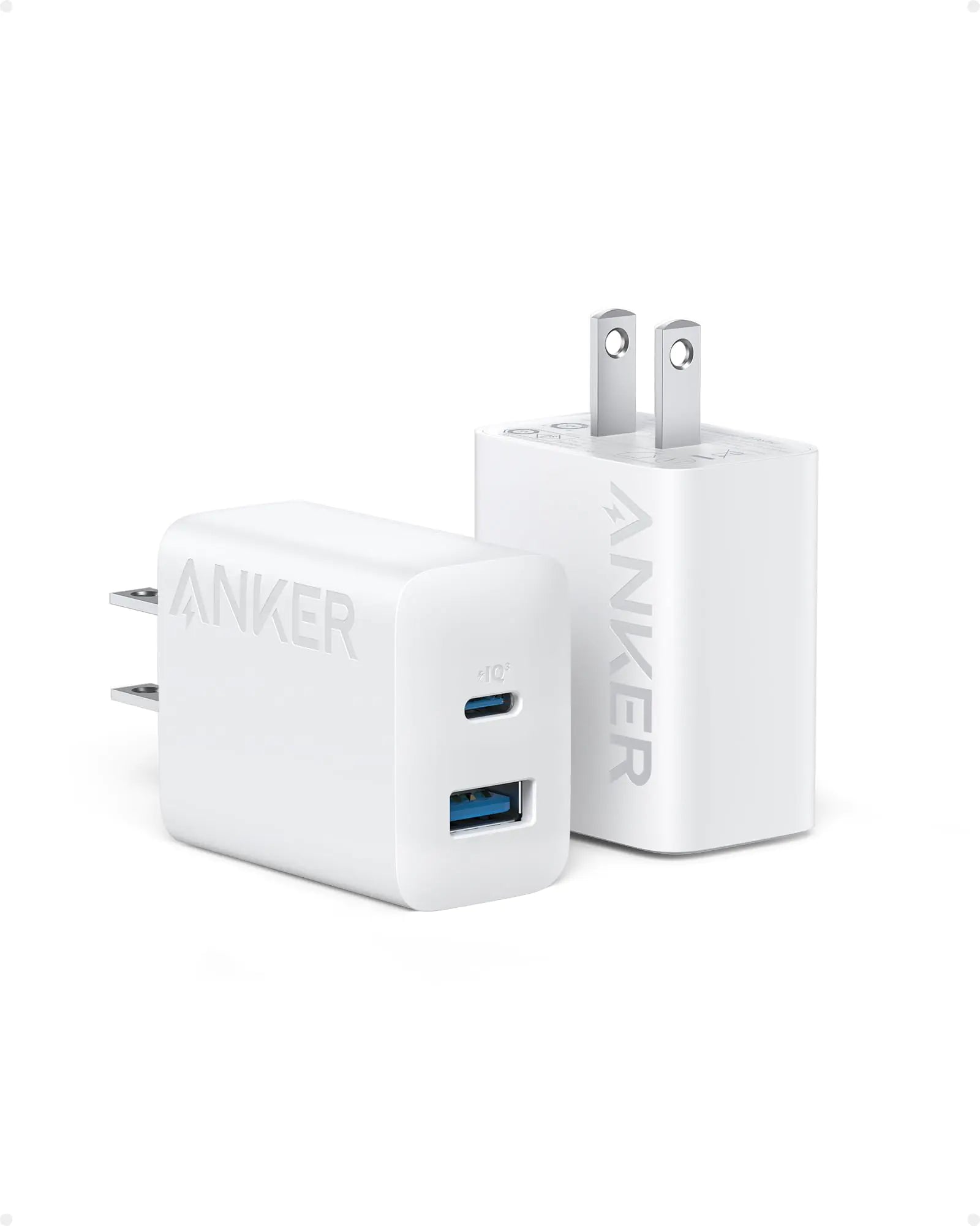 Two white Anker USB-C wall chargers with a dual port design, displayed against a white background.