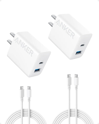 Two white Anker USB-C wall chargers with a dual port design, displayed against a white background.
