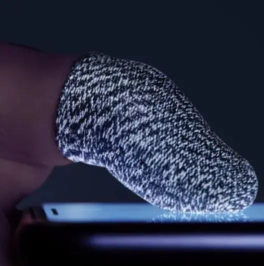 Two images showing a pair of anti-sweat gaming thumb sleeves worn on a person's hands, with a focus on the textured surface designed to prevent sweat buildup.