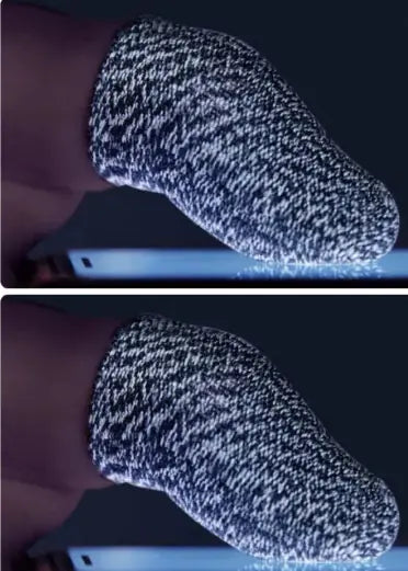 Two images showing a pair of anti-sweat gaming thumb sleeves worn on a person's hands, with a focus on the textured surface designed to prevent sweat buildup.