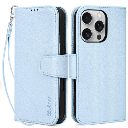 A beige Arae brand wallet case with card holder and wristlet strap for iPhone 16 Pro, displayed from front and back.