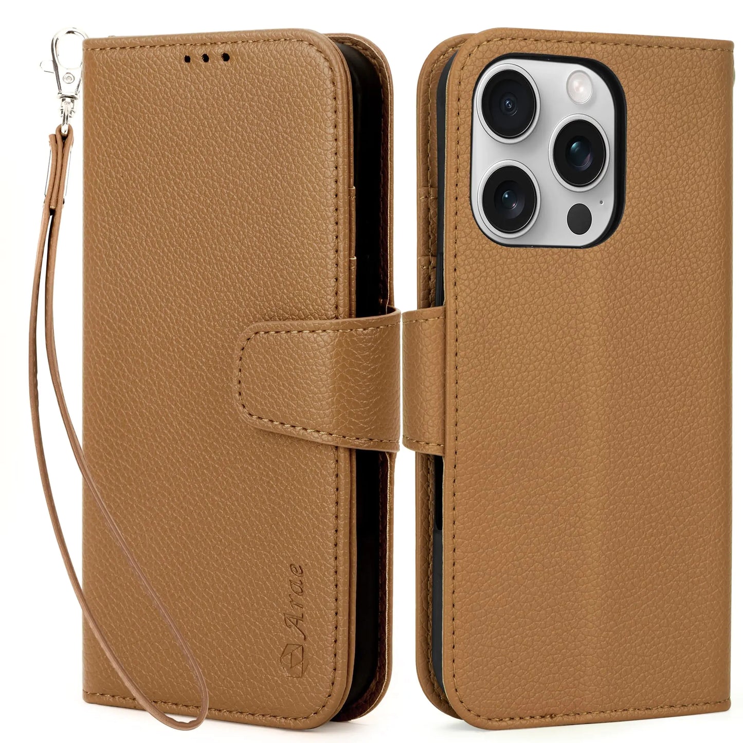 A beige Arae brand wallet case with card holder and wristlet strap for iPhone 16 Pro, displayed from front and back.