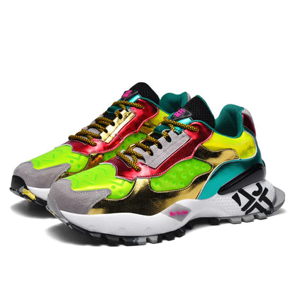 A pair of men's colorful dad sneakers featuring a vibrant totem pop element in yellow and green with a black sole.