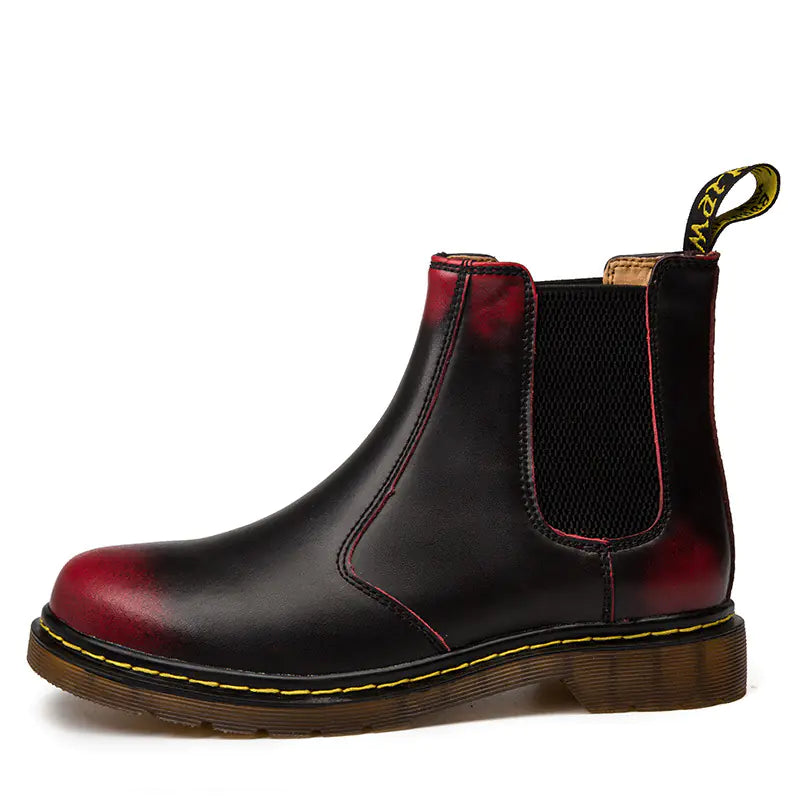 A stylish Doc Martens-style black and red cowhide leather Martin boot with a thick heel and yellow stitching detail.